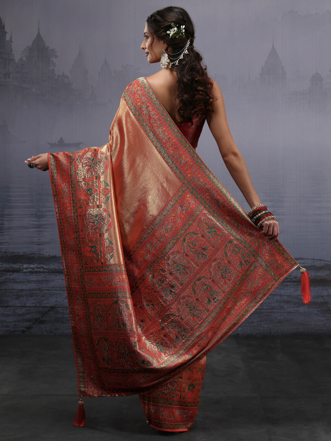 Libas Art Red Mughal Woven Design Silk Blend Saree with Stone Work