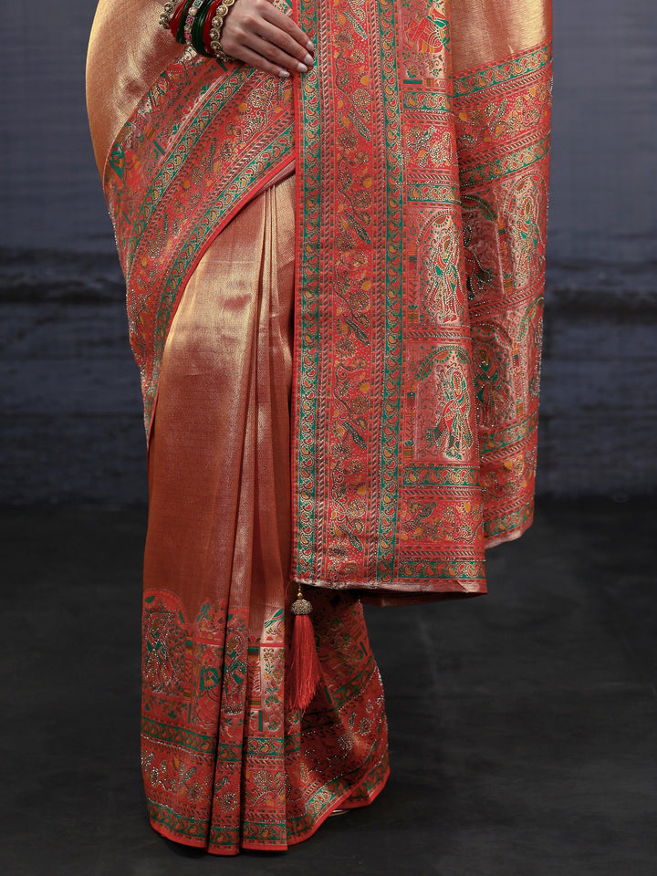 Libas Art Red Mughal Woven Design Silk Blend Saree with Stone Work