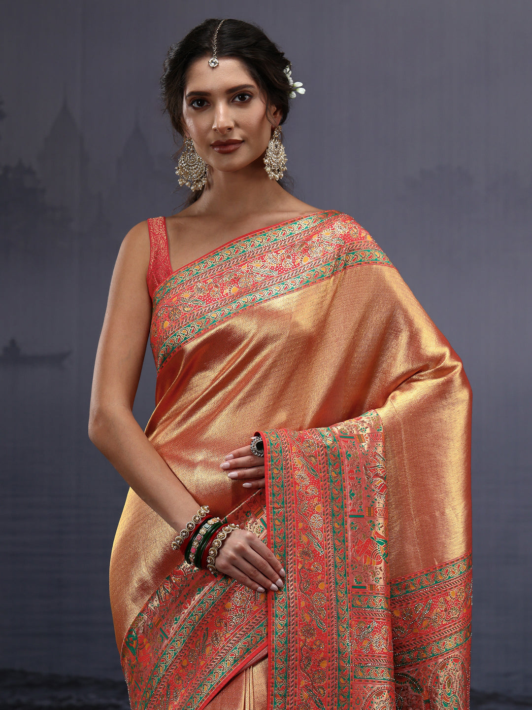 Libas Art Red Mughal Woven Design Silk Blend Saree with Stone Work