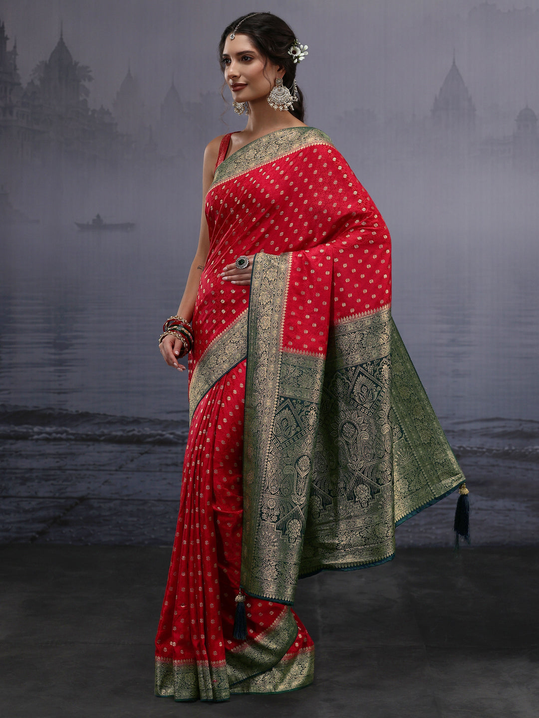Libas Red and Green Banarasi Silk Blend Saree