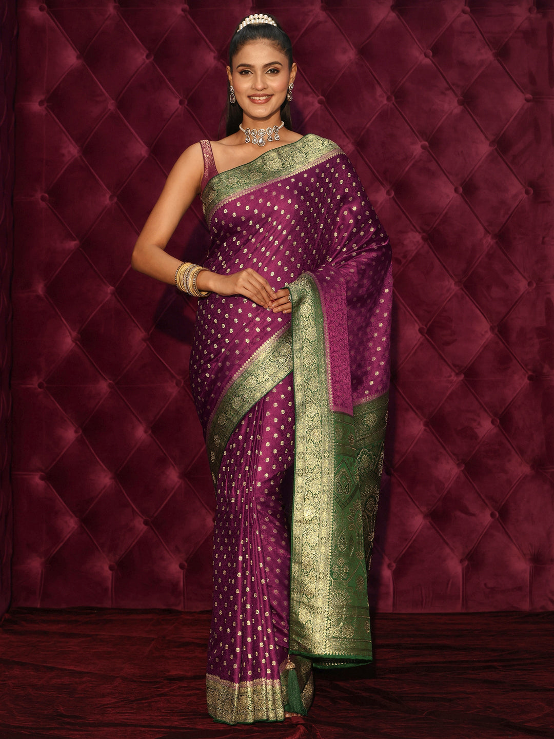 Libas Burgundy and Green Banarasi Silk Blend Saree
