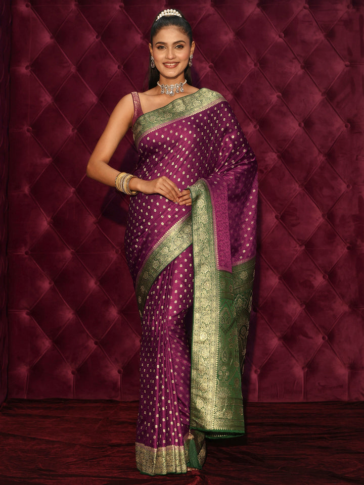 Libas Burgundy and Green Banarasi Silk Blend Saree
