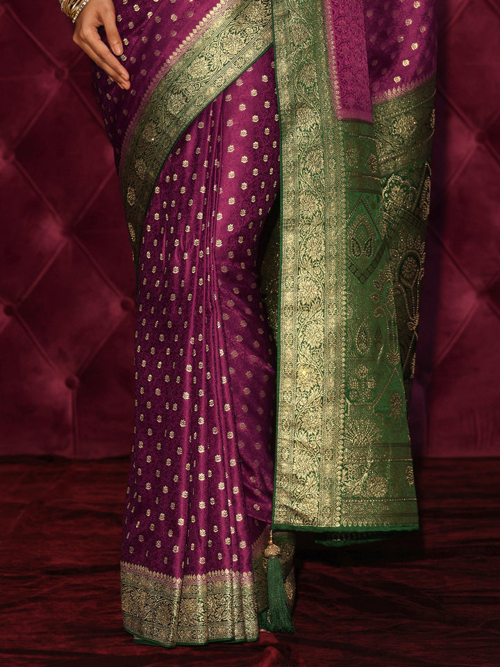 Libas Burgundy and Green Banarasi Silk Blend Saree