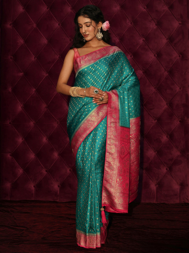 Libas Teal Blue and Pink Banarasi Silk Blend Saree
