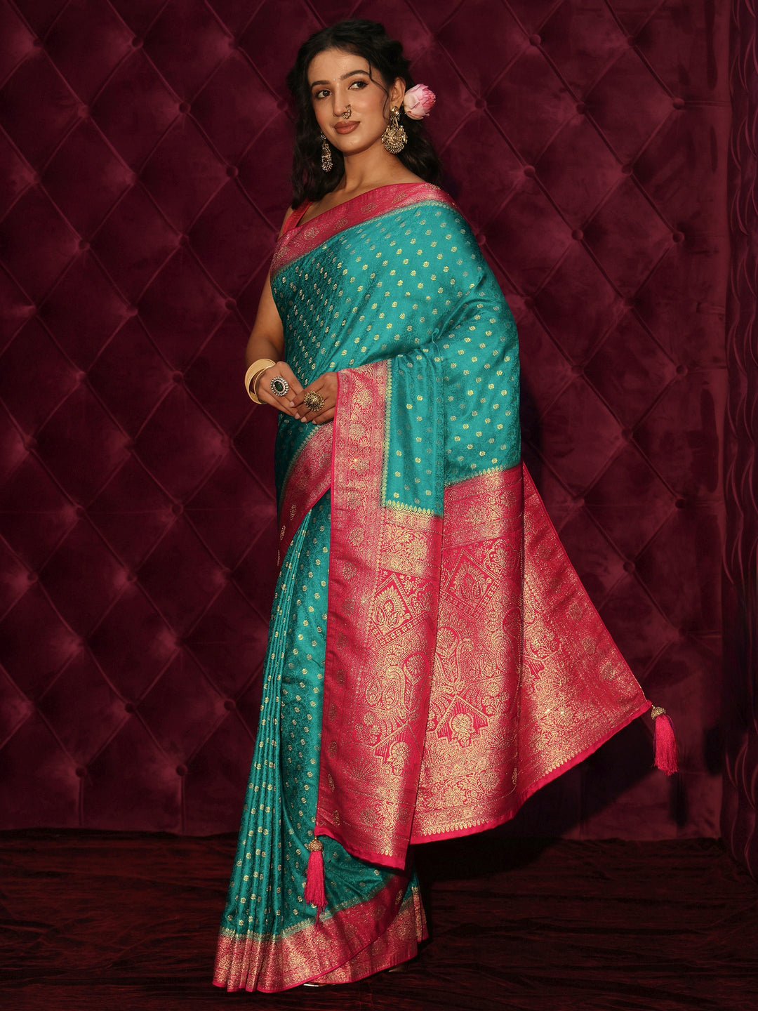 Libas Teal Blue and Pink Banarasi Silk Blend Saree