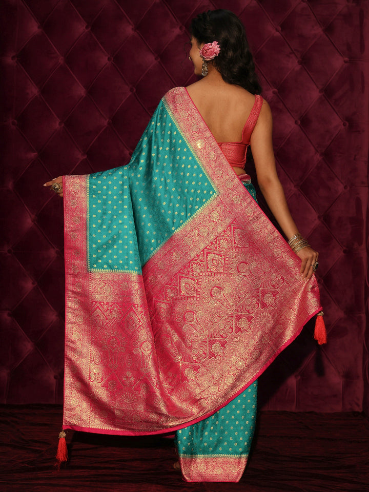 Libas Teal Blue and Pink Banarasi Silk Blend Saree