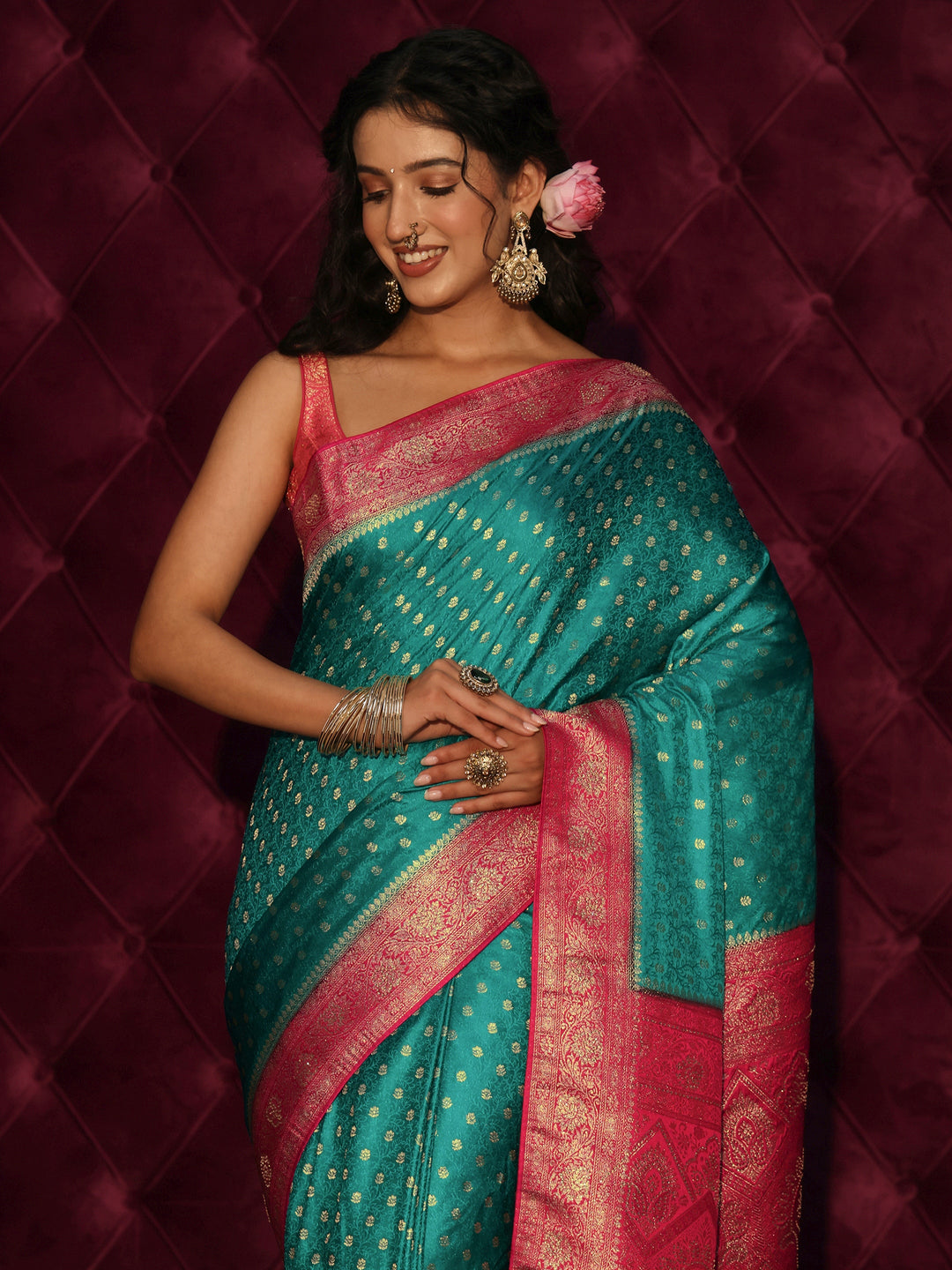 Libas Teal Blue and Pink Banarasi Silk Blend Saree