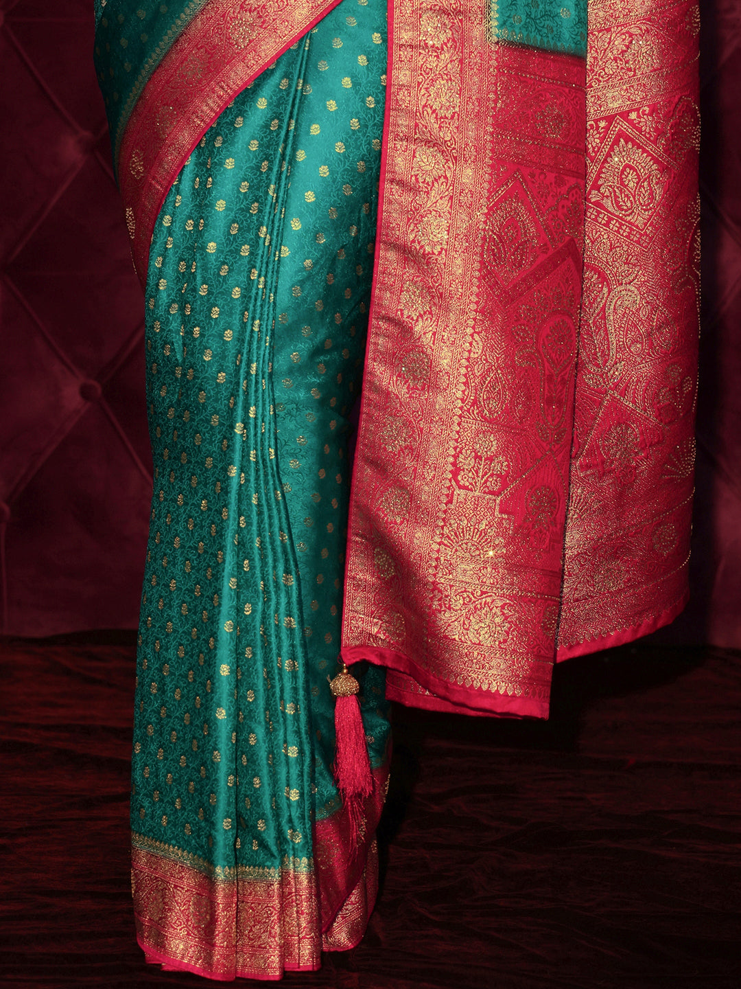 Libas Teal Blue and Pink Banarasi Silk Blend Saree