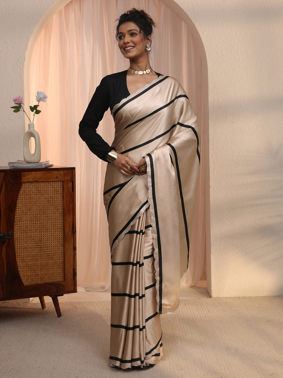 Libas Beige Striped Printed Satin Saree