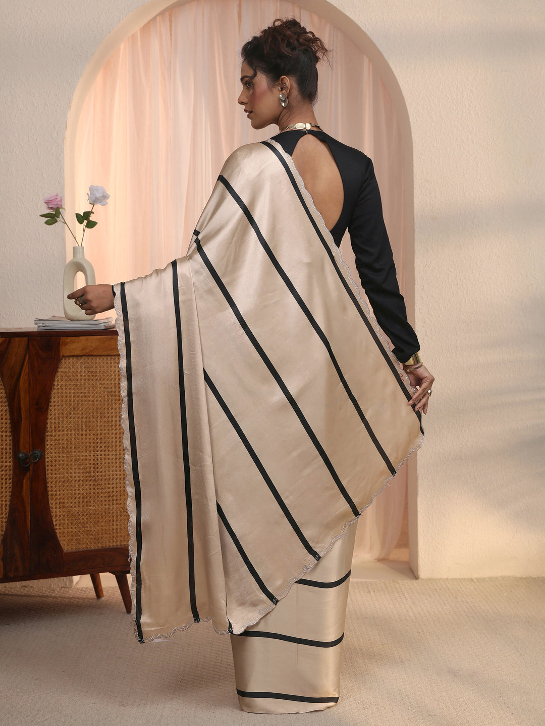 Libas Beige Striped Printed Satin Saree