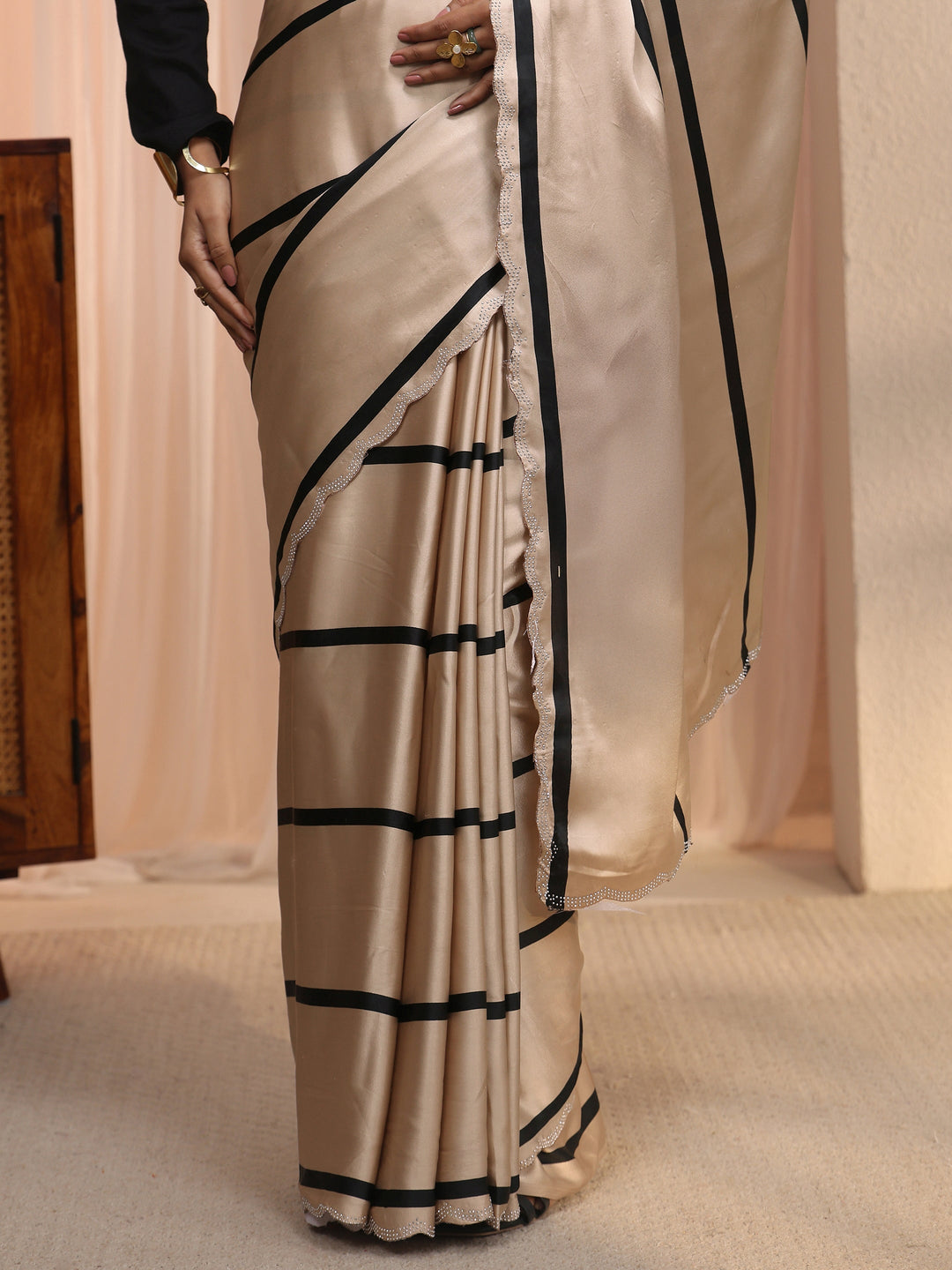 Libas Beige Striped Printed Satin Saree