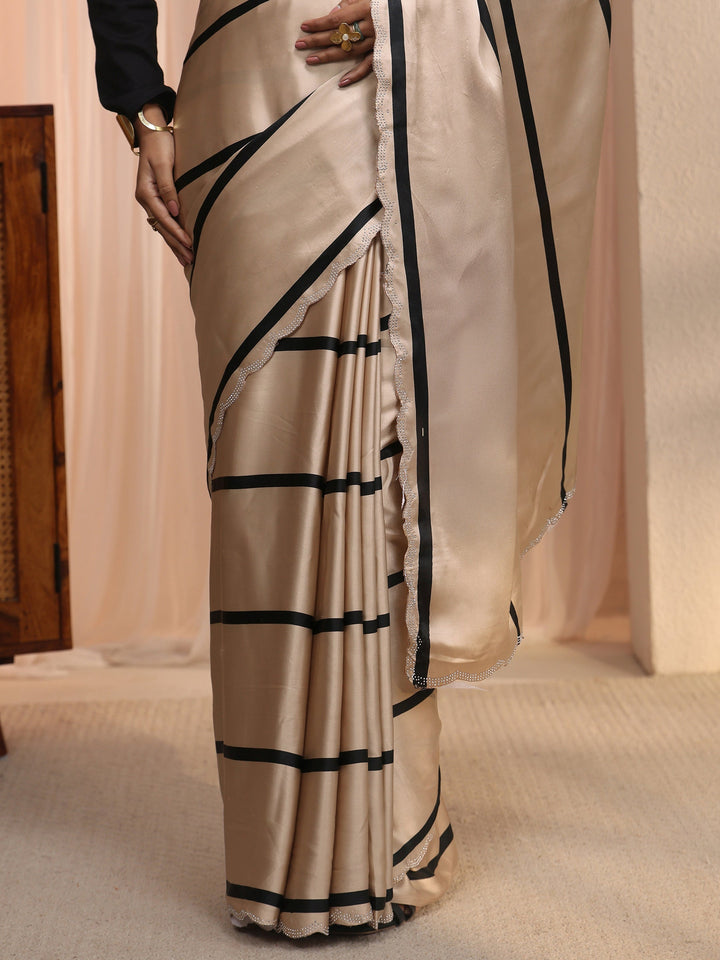 Libas Beige Striped Printed Satin Saree