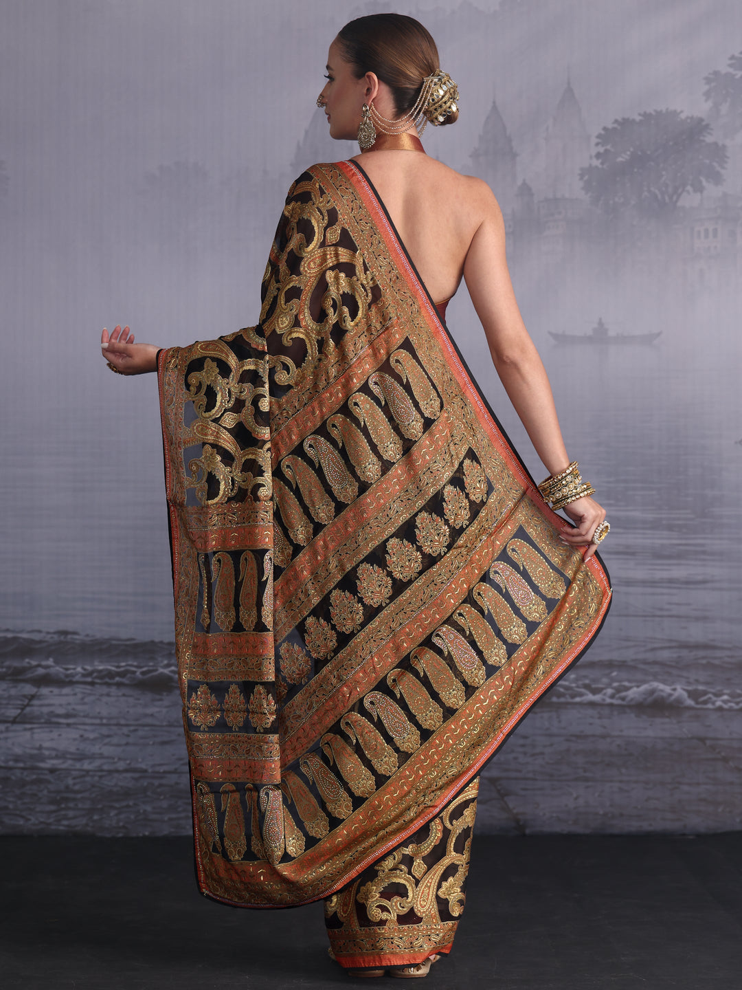 Libas Black Paisley Printed Georgette Saree