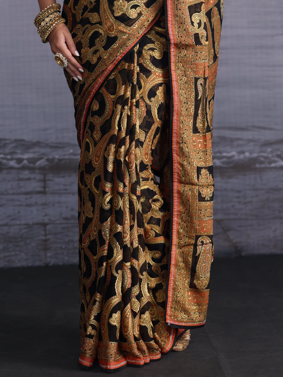 Libas Black Paisley Printed Georgette Saree
