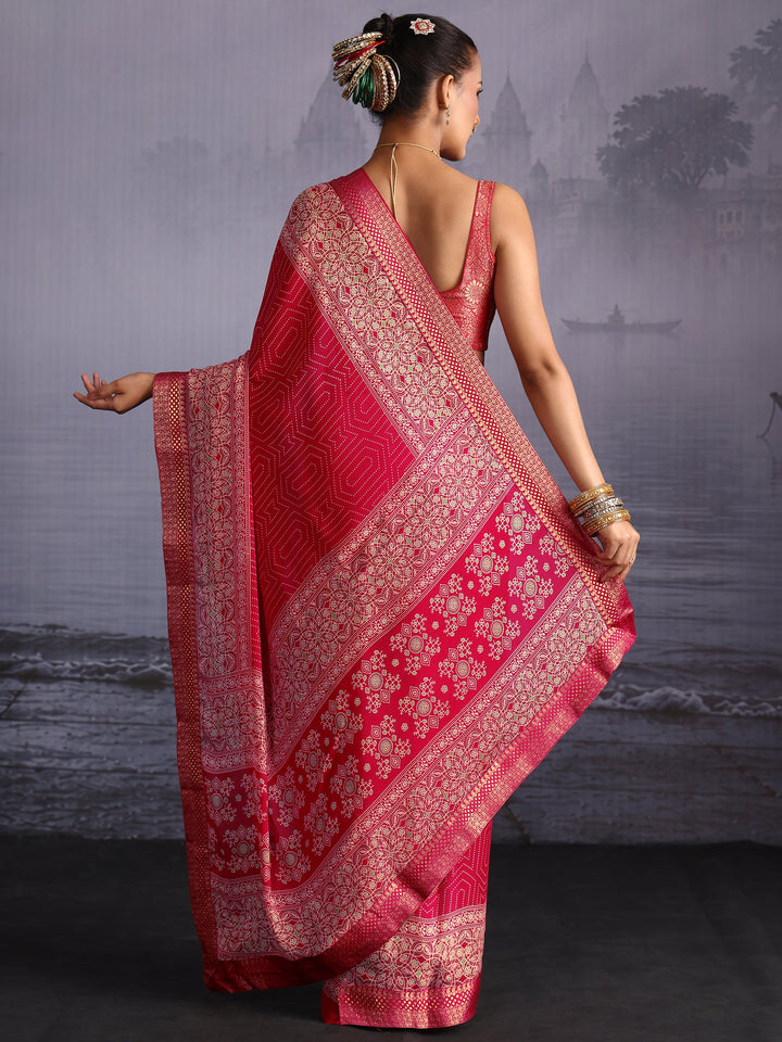 Libas Ruby Red Printed Georgette Saree with Floral Border