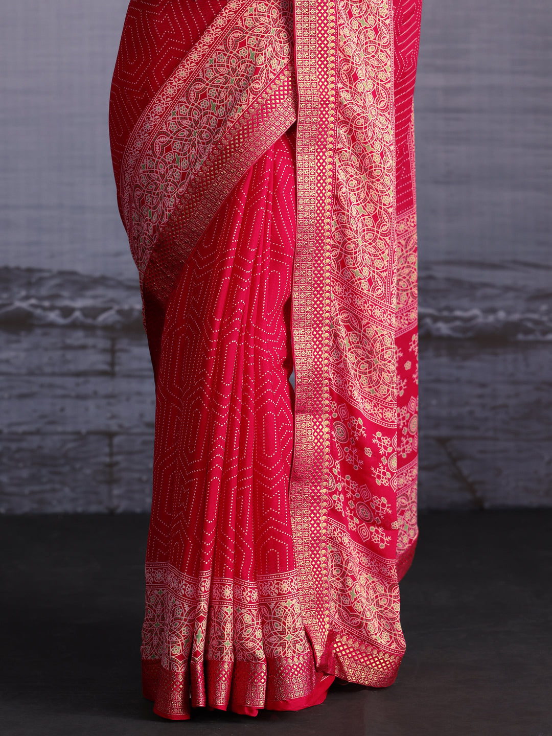 Libas Ruby Red Printed Georgette Saree with Floral Border