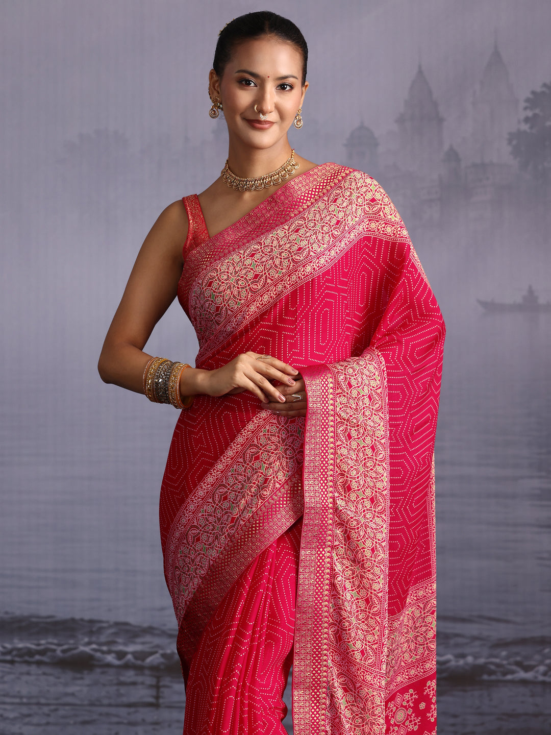 Libas Ruby Red Printed Georgette Saree with Floral Border