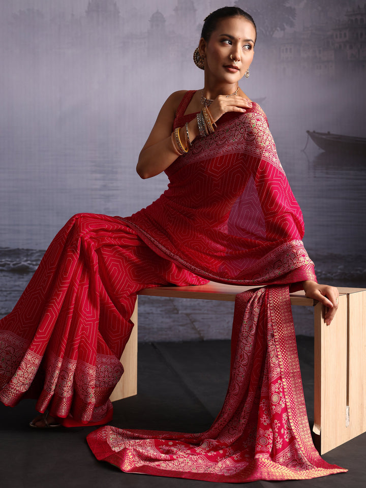Libas Ruby Red Printed Georgette Saree with Floral Border