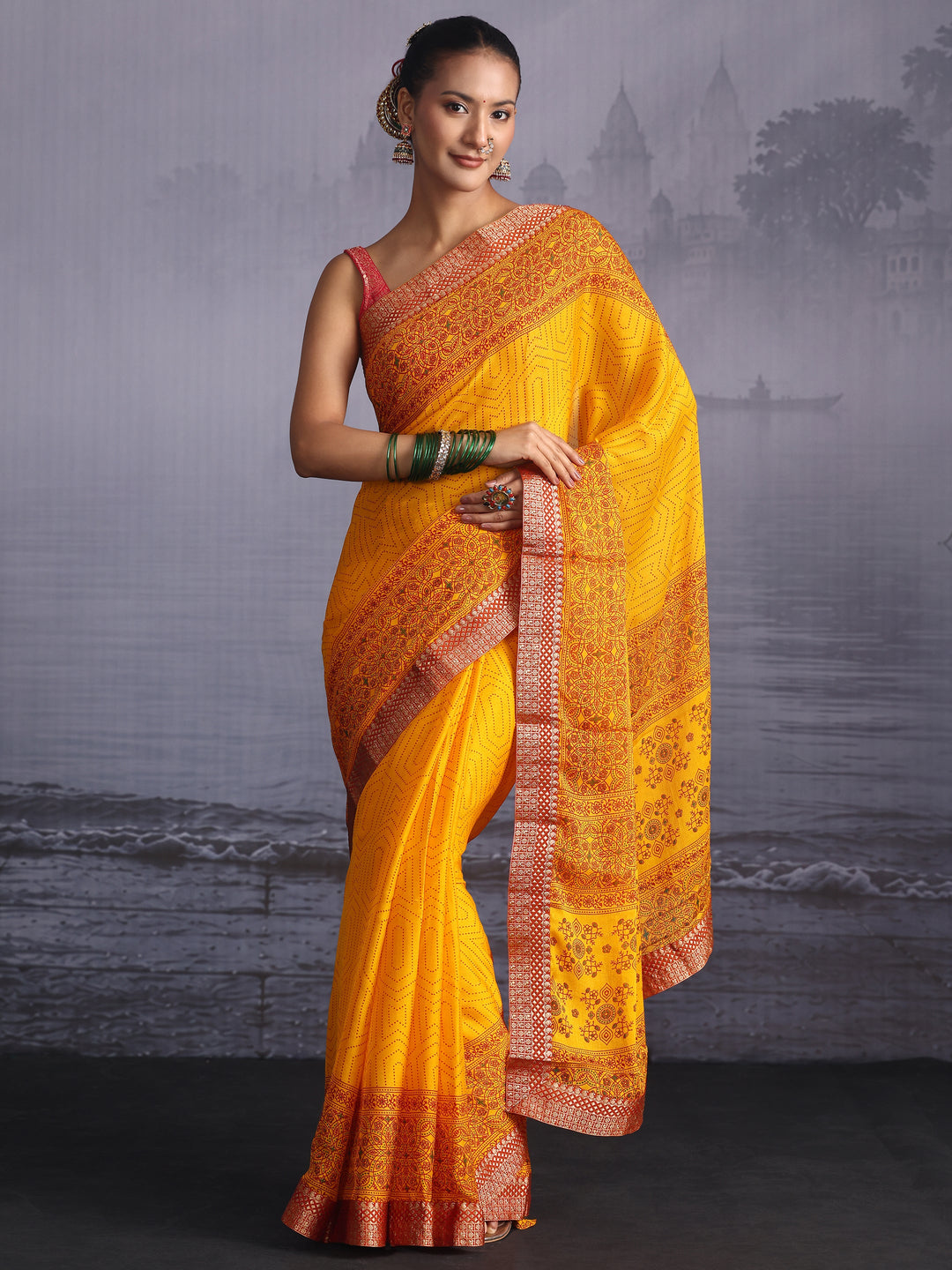 Libas Mustard Printed Georgette Saree with Floral Border