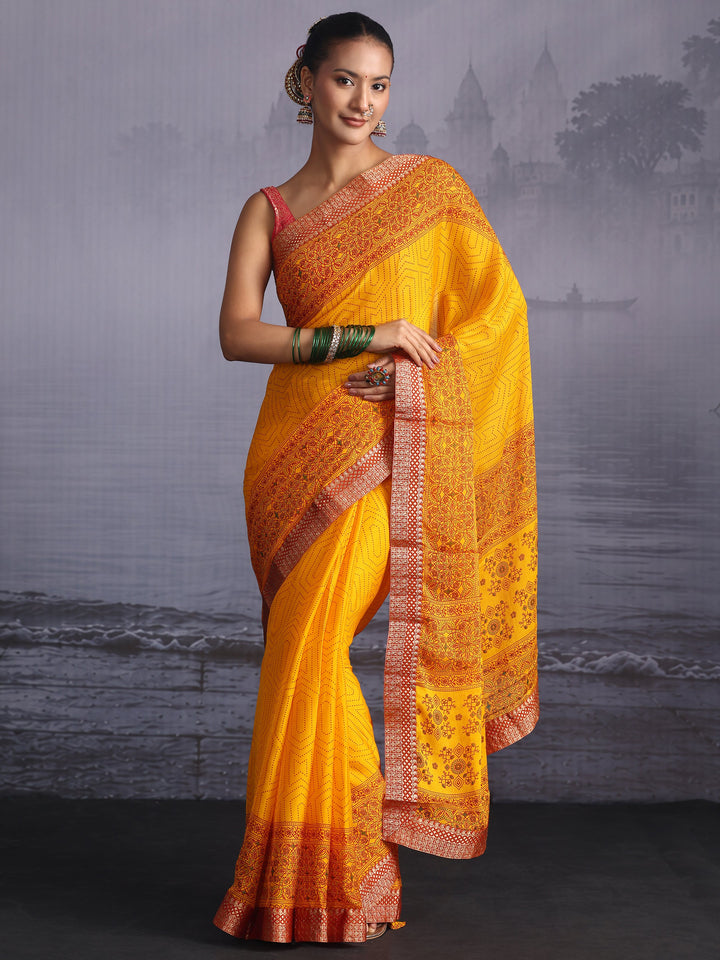Libas Mustard Printed Georgette Saree with Floral Border