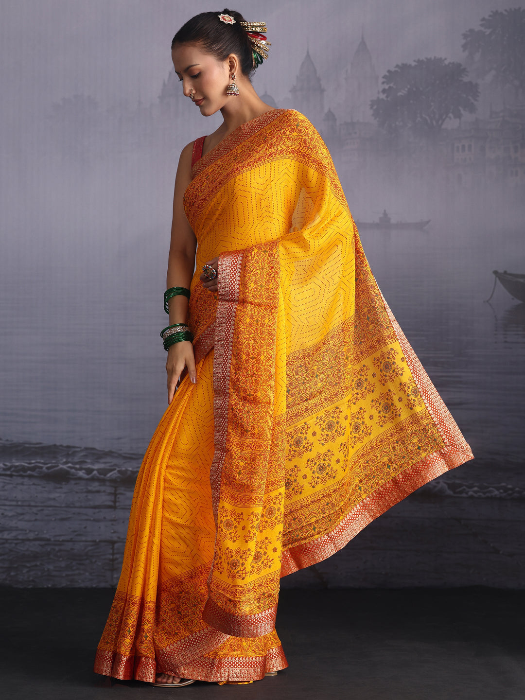 Libas Mustard Printed Georgette Saree with Floral Border