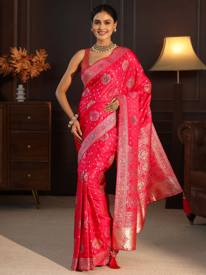 Libas Art Coral Pink Woven Design Silk Saree with Stone Work