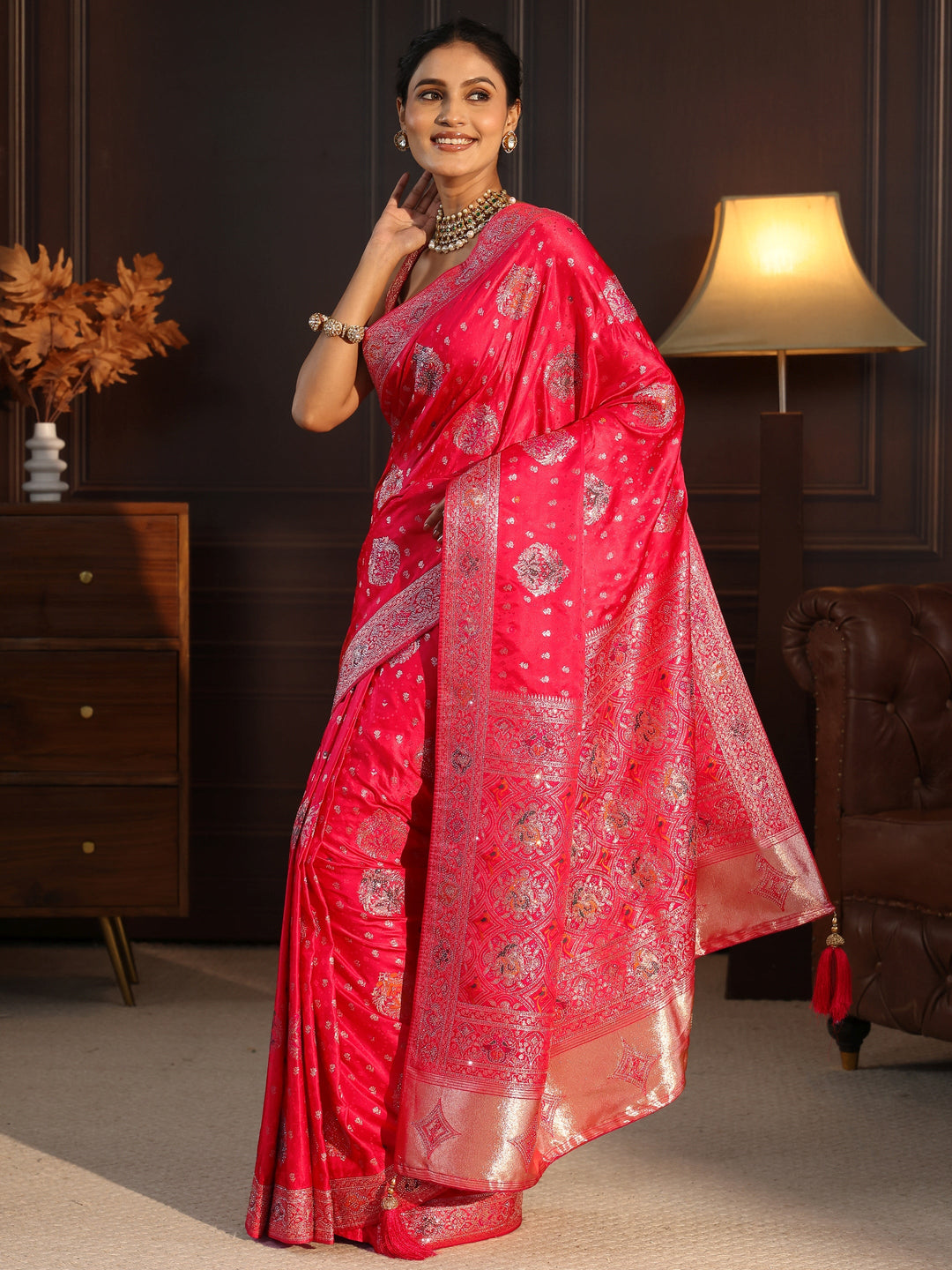 Libas Art Coral Pink Woven Design Silk Saree with Stone Work