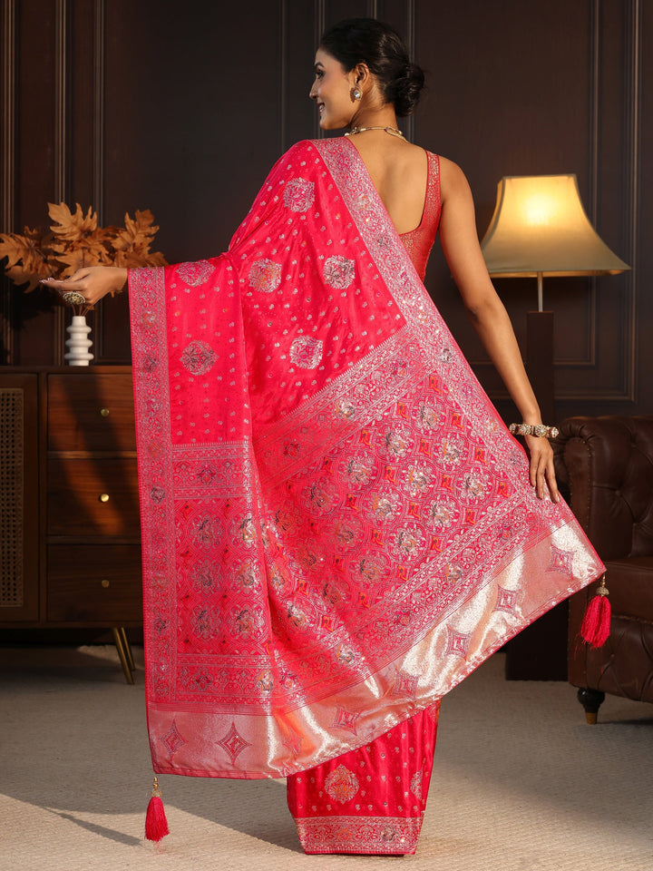 Libas Art Coral Pink Woven Design Silk Saree with Stone Work