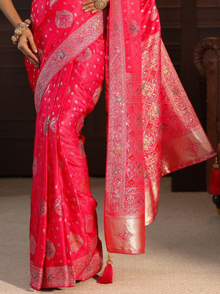 Libas Art Coral Pink Woven Design Silk Saree with Stone Work
