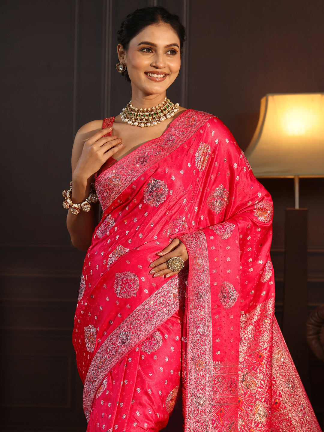 Libas Art Coral Pink Woven Design Silk Saree with Stone Work