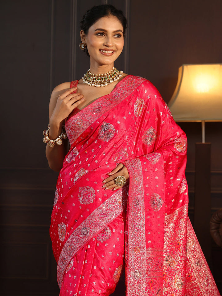 Libas Art Coral Pink Woven Design Silk Saree with Stone Work