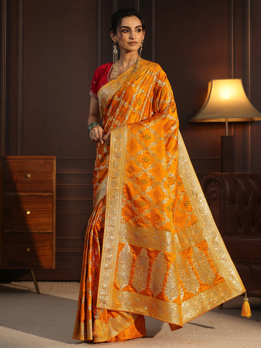 Libas Mustard Gharchola Silk Saree with Stone Work