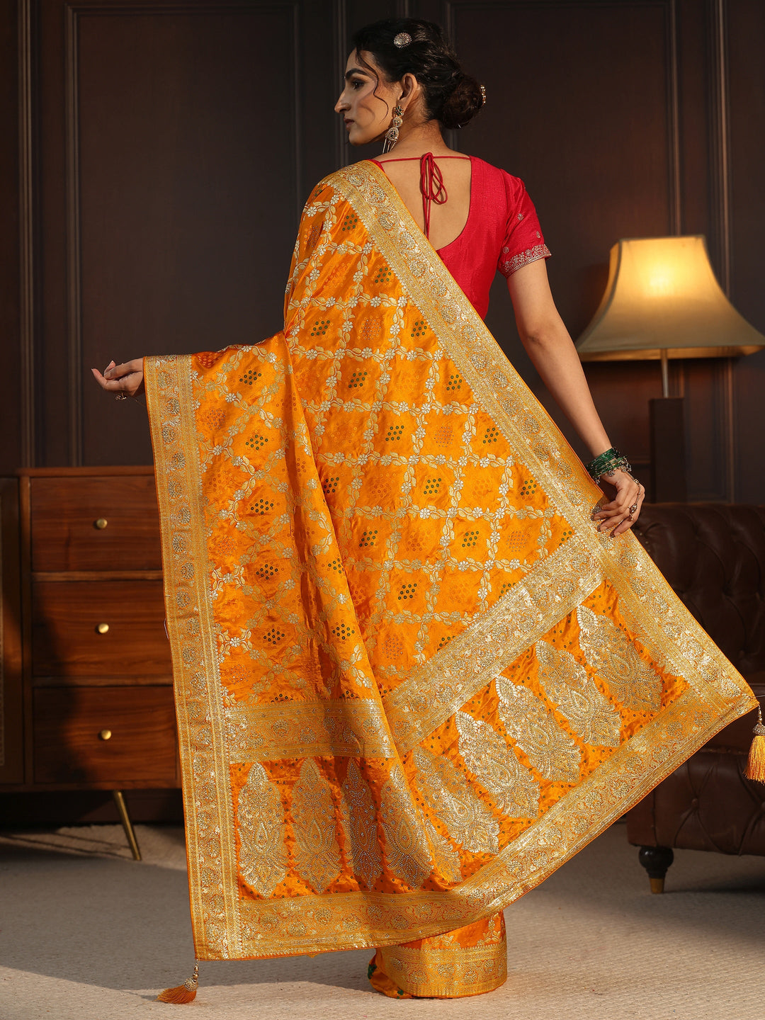 Libas Mustard Gharchola Silk Saree with Stone Work