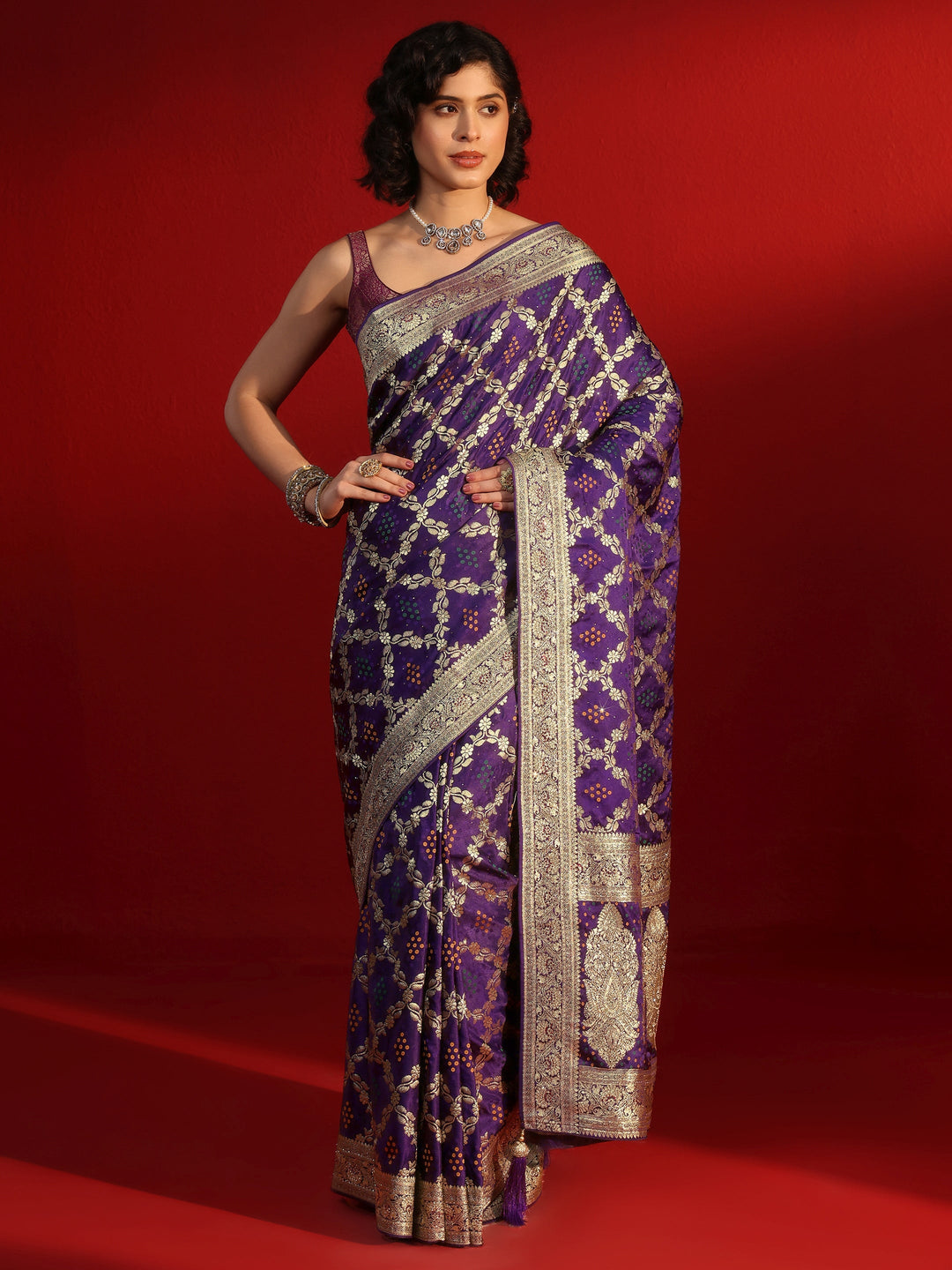 Libas Royal Purple Gharchola Stone Work Silk Saree
