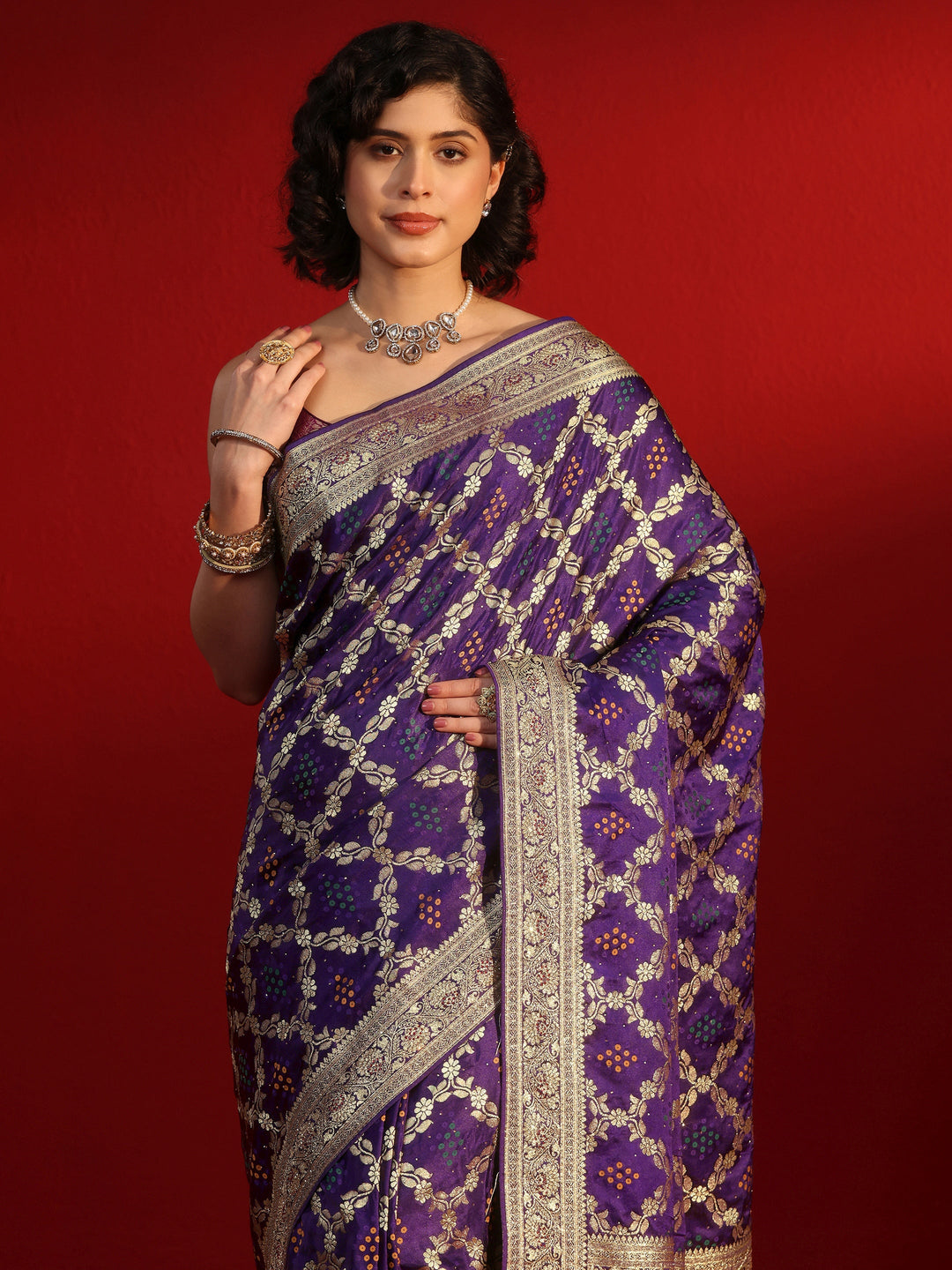 Libas Royal Purple Gharchola Stone Work Silk Saree