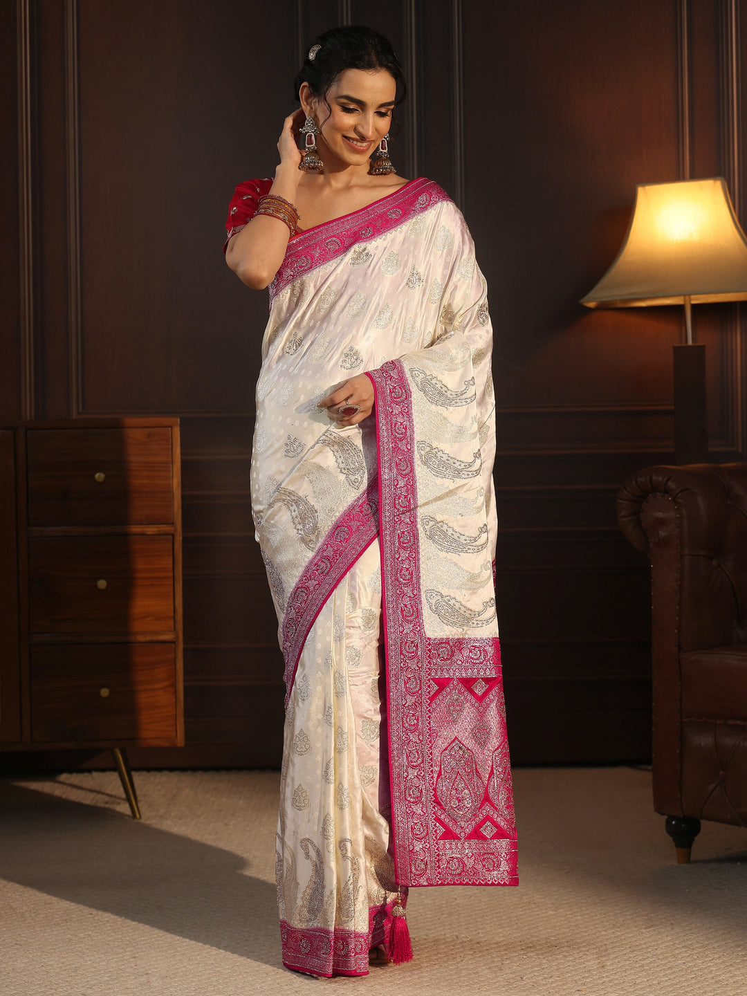 Libas Art Cream and Red Banarasi Silk Saree with Stone Work