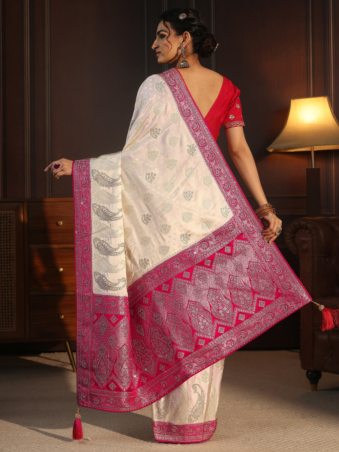 Libas Art Cream and Red Banarasi Silk Saree with Stone Work