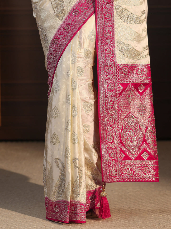 Libas Art Cream and Red Banarasi Silk Saree with Stone Work