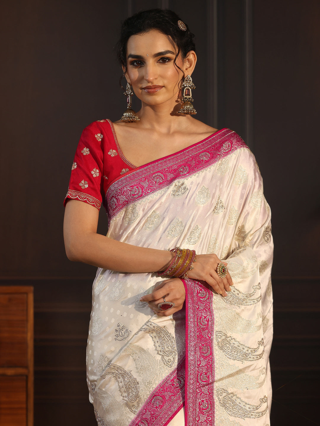 Libas Art Cream and Red Banarasi Silk Saree with Stone Work