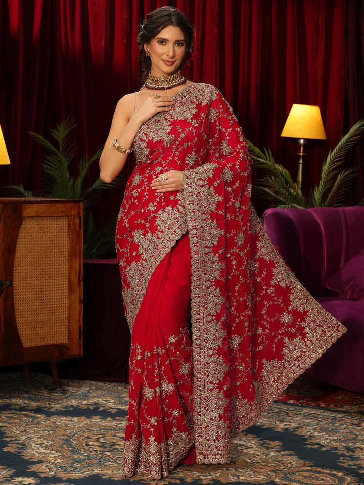 Libas Art Red Floral Embellished Tissue Saree