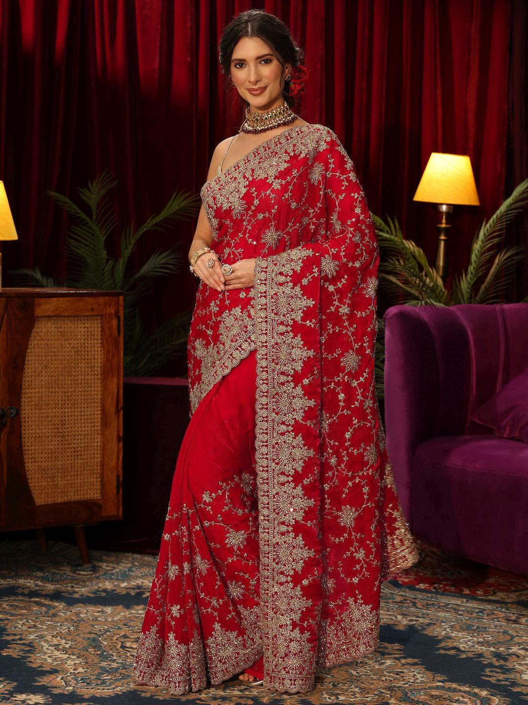Libas Art Red Floral Embellished Tissue Saree