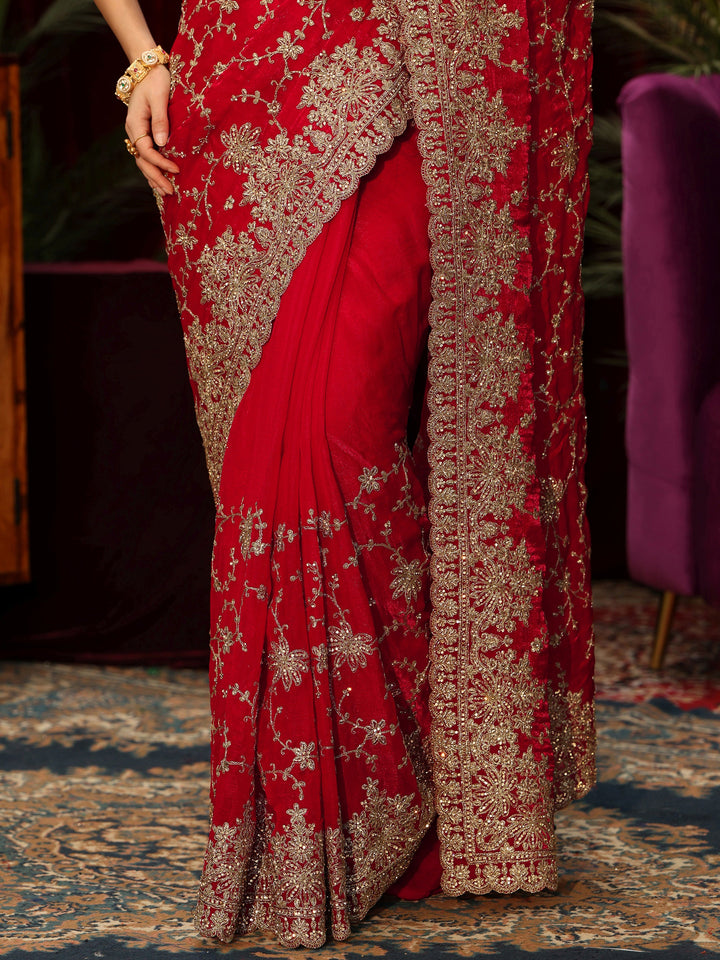 Libas Art Red Floral Embellished Tissue Saree