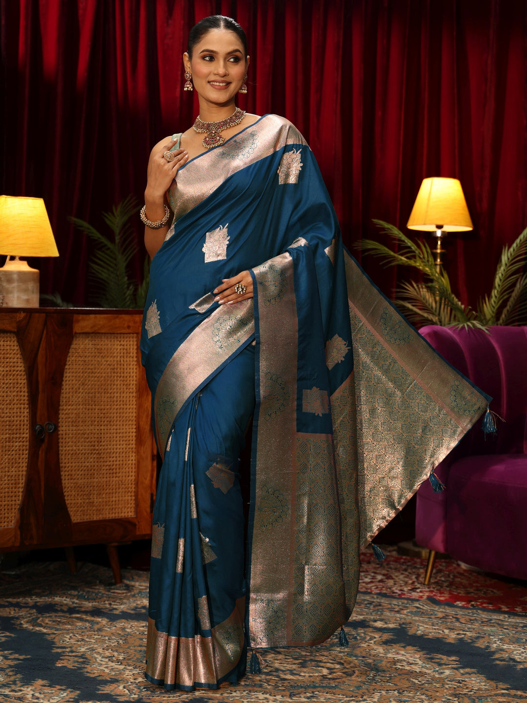 Libas Teal Blue Ethnic Motif Woven Design Silk Blend Saree