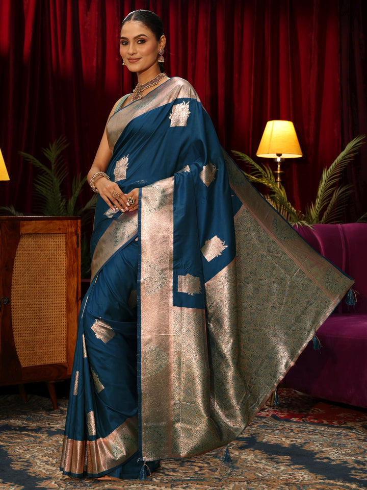 Libas Teal Blue Ethnic Motif Woven Design Silk Blend Saree