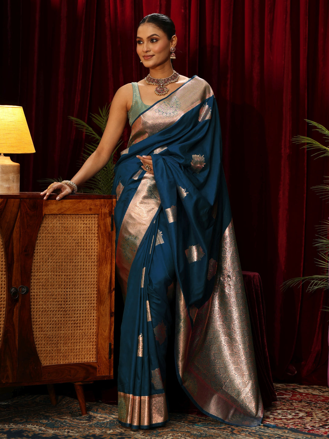 Libas Teal Blue Ethnic Motif Woven Design Silk Blend Saree