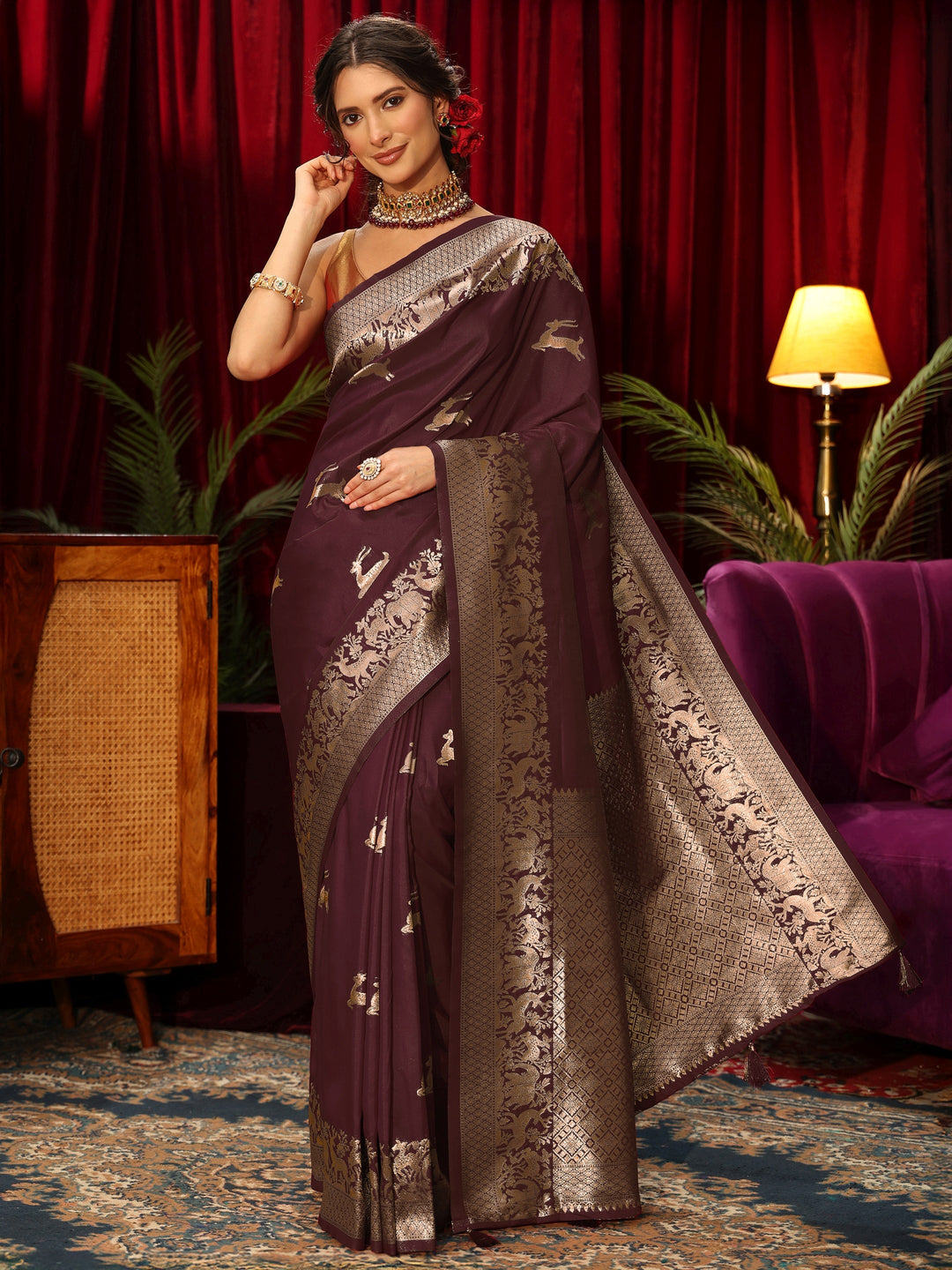 Libas Maroon Animal Motif Woven Design Silk Blend Saree