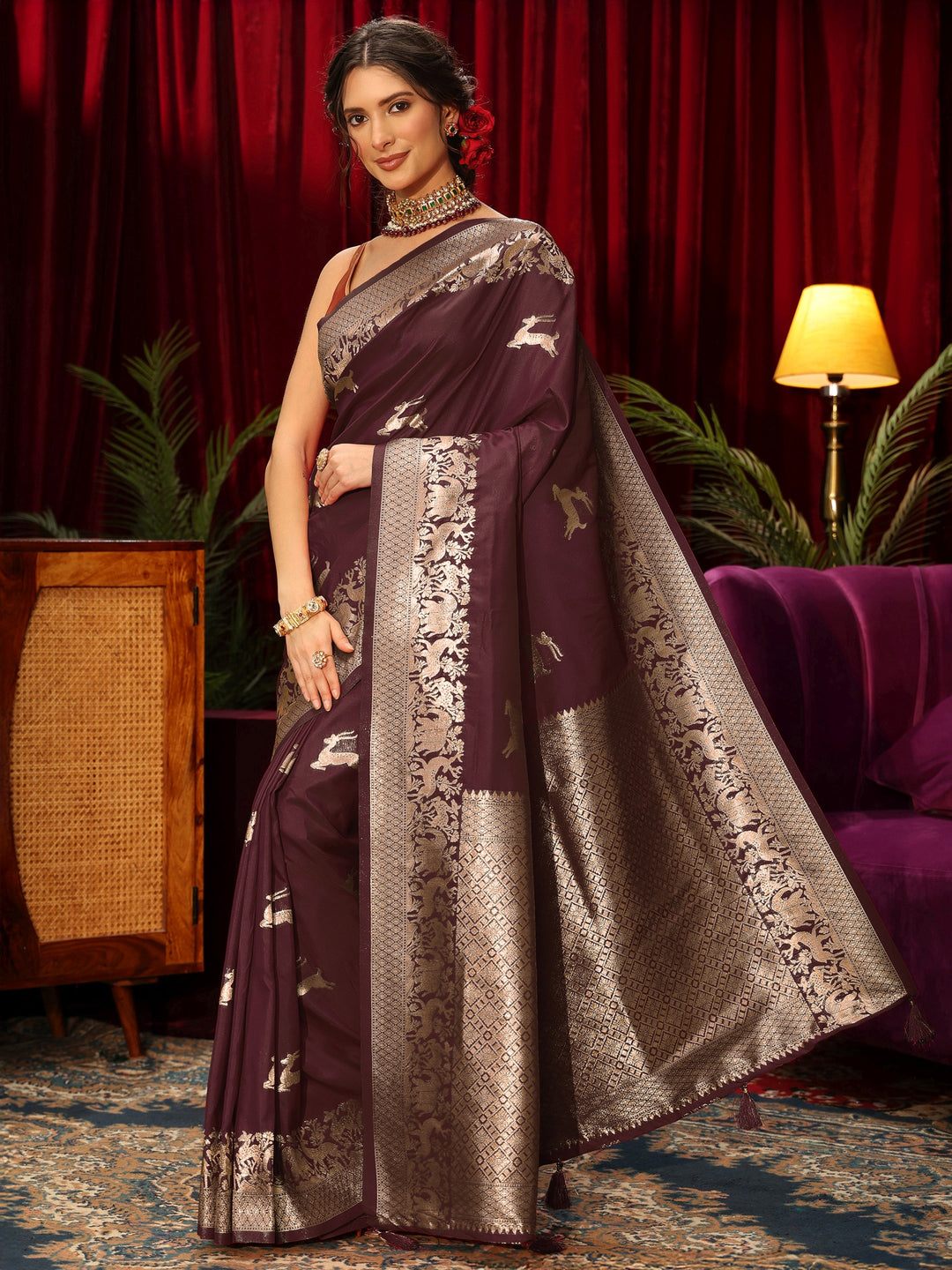 Libas Maroon Animal Motif Woven Design Silk Blend Saree