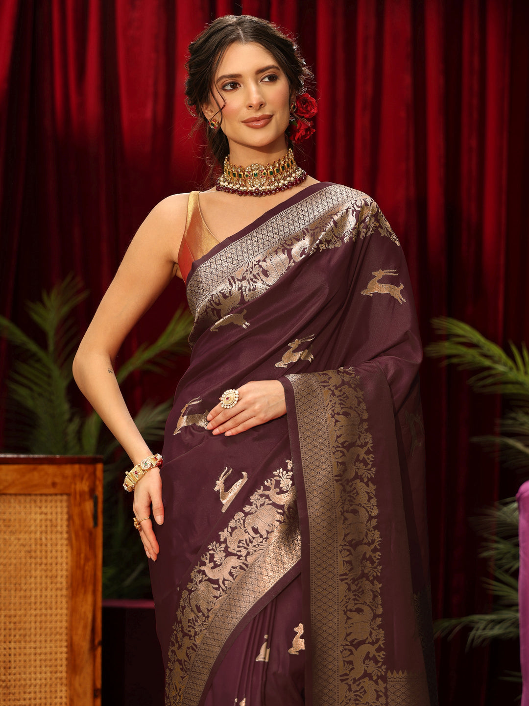 Libas Maroon Animal Motif Woven Design Silk Blend Saree