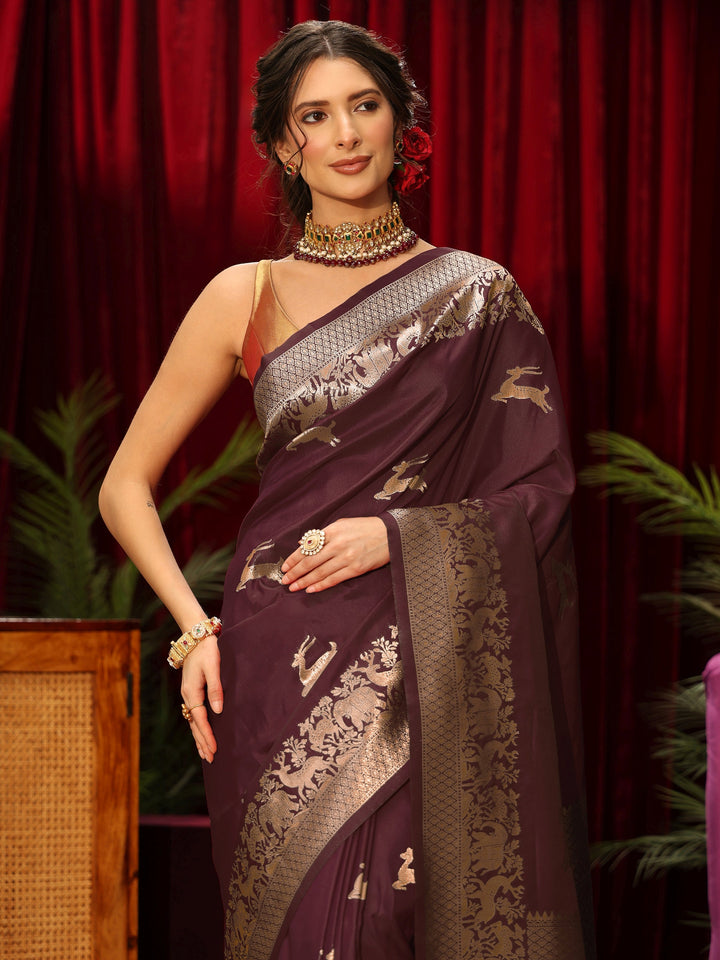 Libas Maroon Animal Motif Woven Design Silk Blend Saree