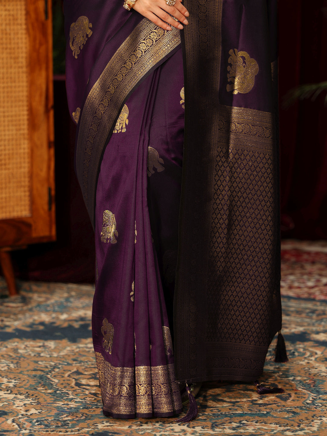 Libas Burgundy Elephant Motif Woven Design Silk Blend Saree